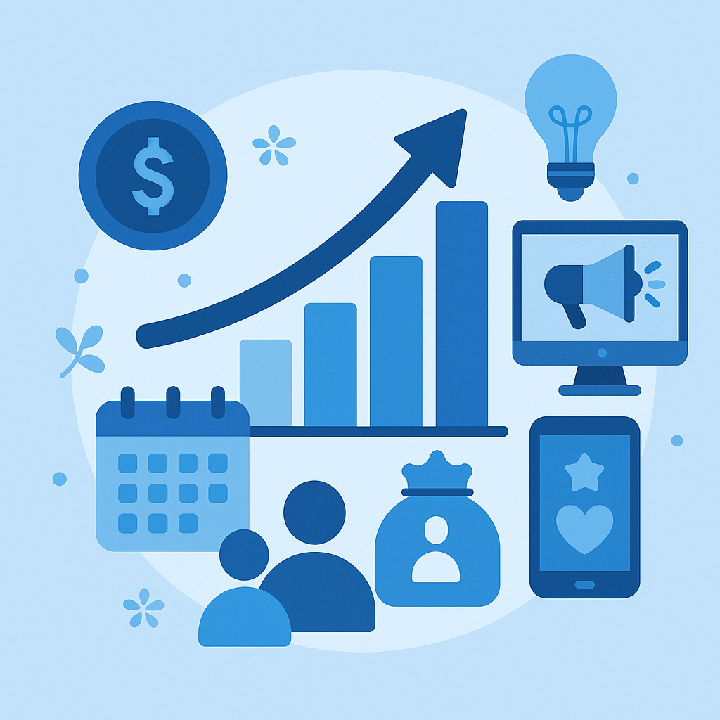 Illustration of business growth with charts, money, and marketing icons